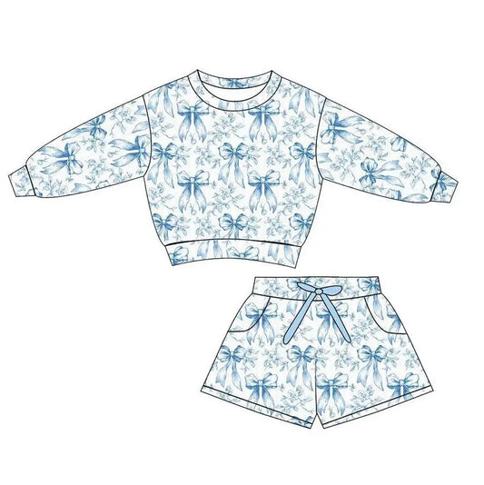 Blue Bow print lounge set for girls aged 2–12 years. Two-piece sweatshirt and shorts outfit. 