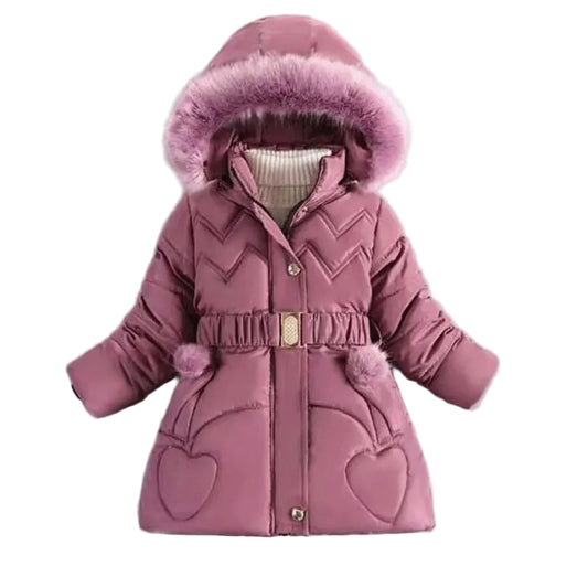 Girls plum faux fur pom hooded puffer coat with belt and heart pocket details