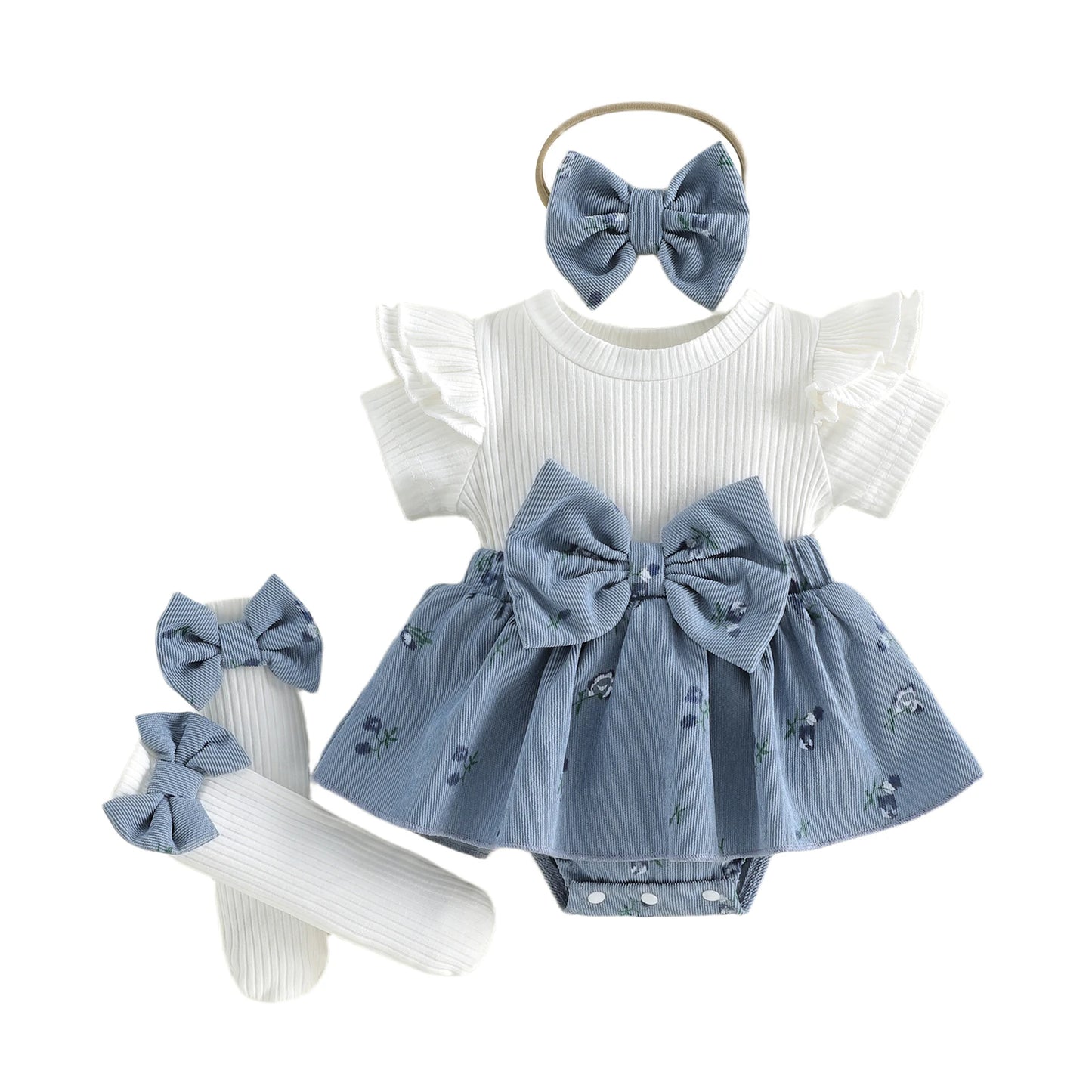 Floral bow romper dress set with blue dress, headband, and striped socks.
