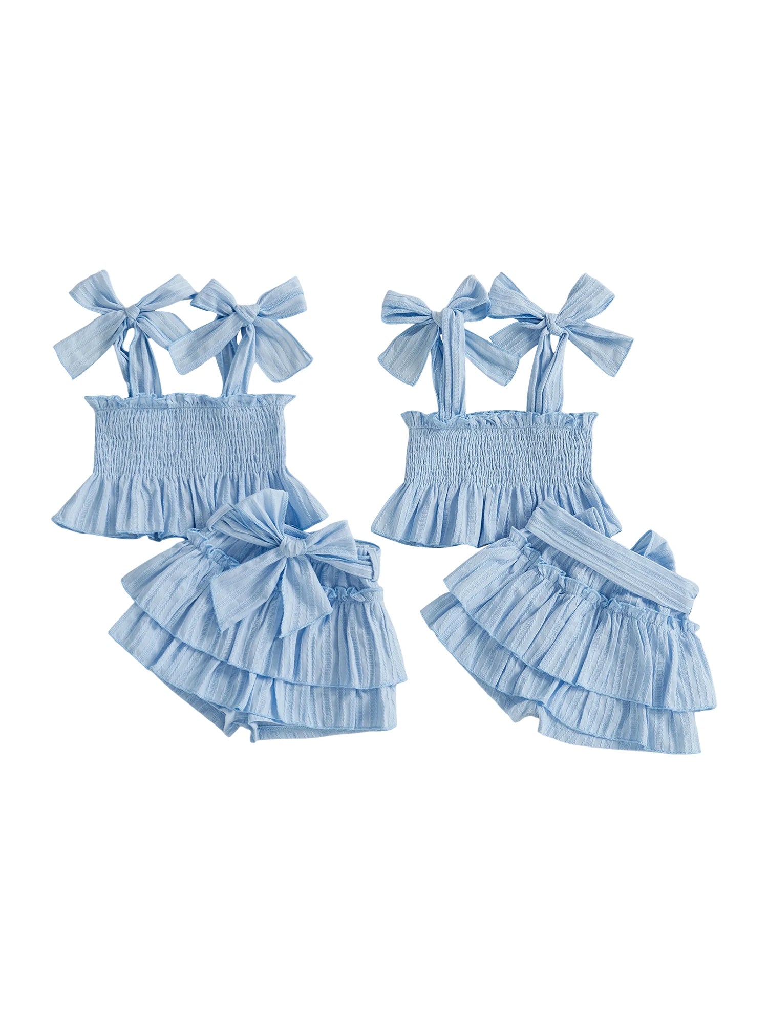 Bow shorts set pair: ruffled peplum tops with oversized bows and tiered shorts