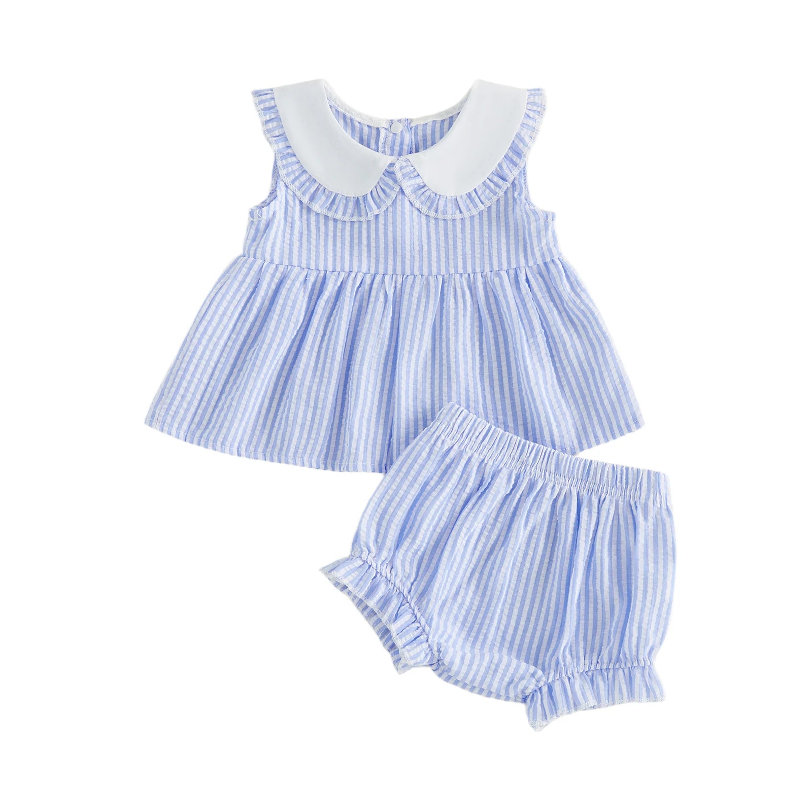 Blue striped Peter Pan collar dress with matching bloomers, sleeveless set