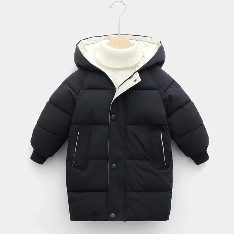 Black hooded puffer coat with snap front, zipper, and side pockets