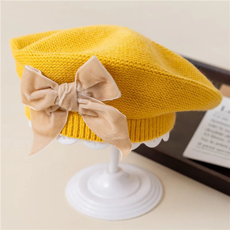 Girls Beret Hat Velvet Bow Mustard
