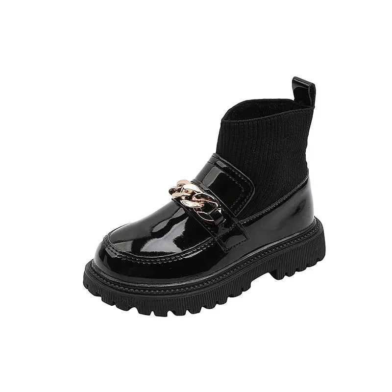 Girls Black Patent Leather Chunky Chain Sock Boot