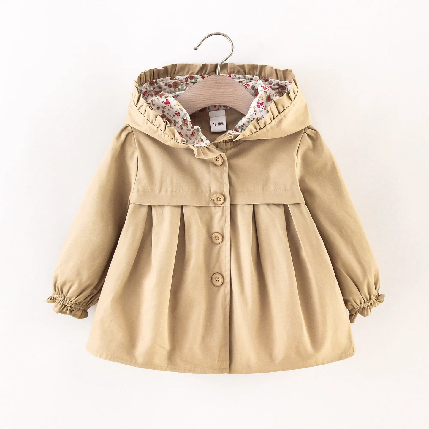 Baby hooded jacket in khaki with floral-lined hood, three buttons, and elastic cuffs.
