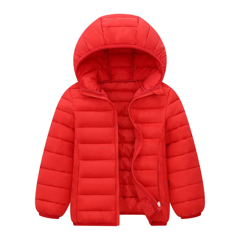 Kids duck down puffer jacket in red, hooded zip front with quilted puffer panels