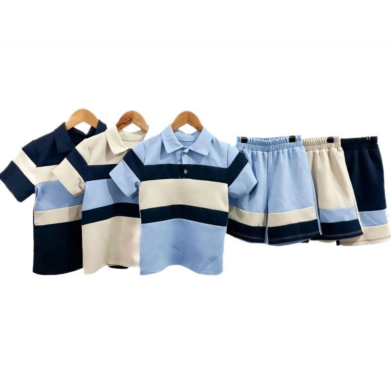 Boys Beige Polo Striped Shorts Set