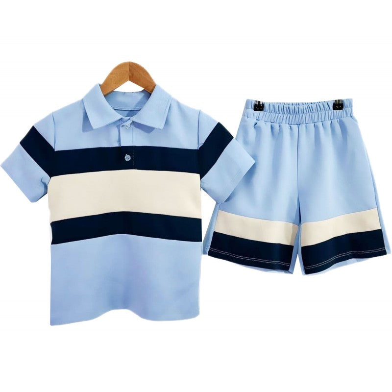 Boys Sky Blue Polo Striped Shorts Set
