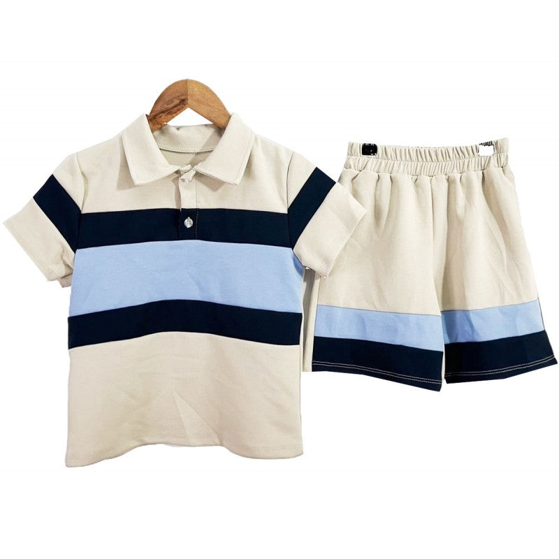 Boys beige Polo Striped Shorts Set