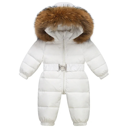 White Snowsuit All-in-one with Natural Fur Hood