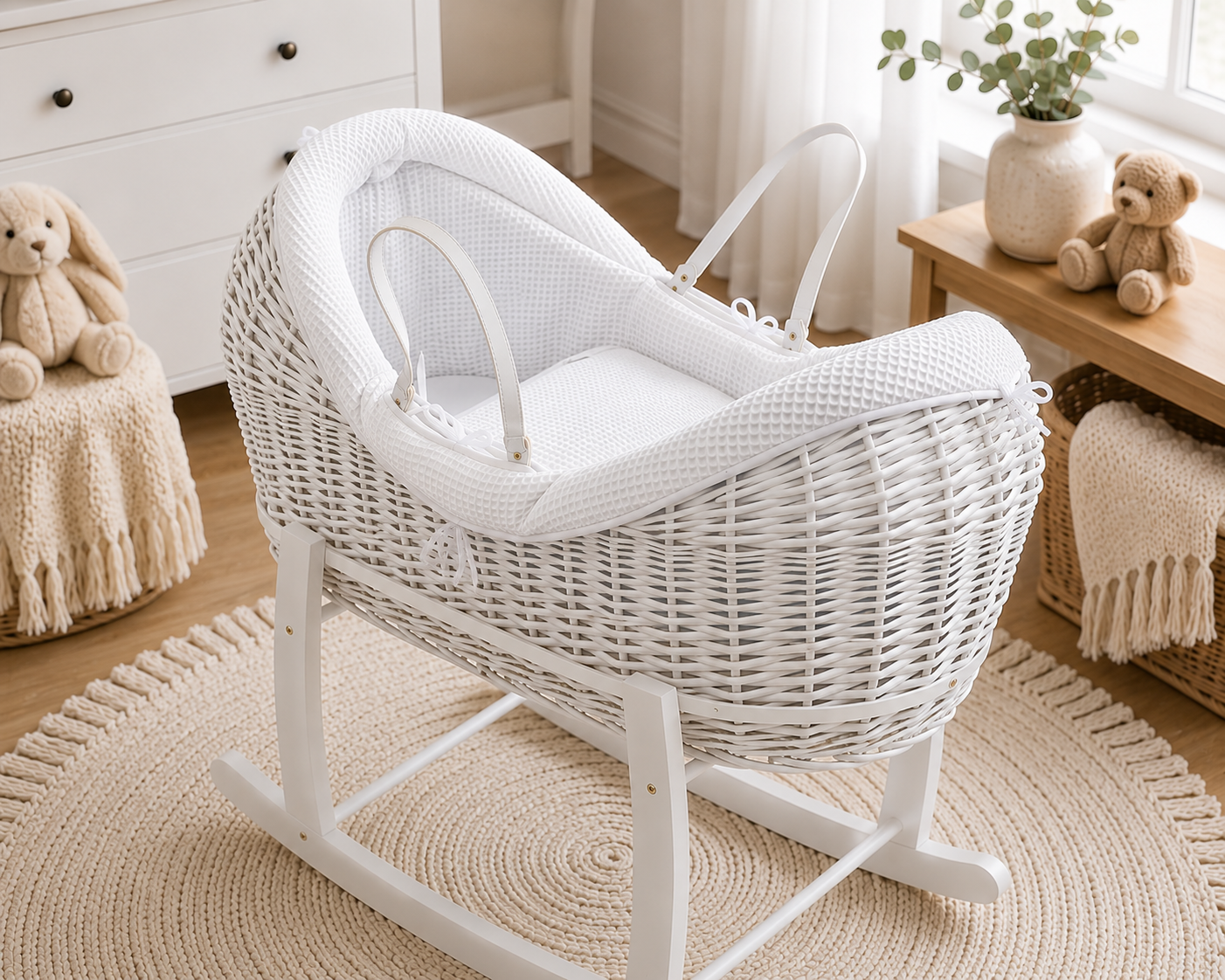 Wicker baby Moses basket with rocking stand, white waffle pod and bumper