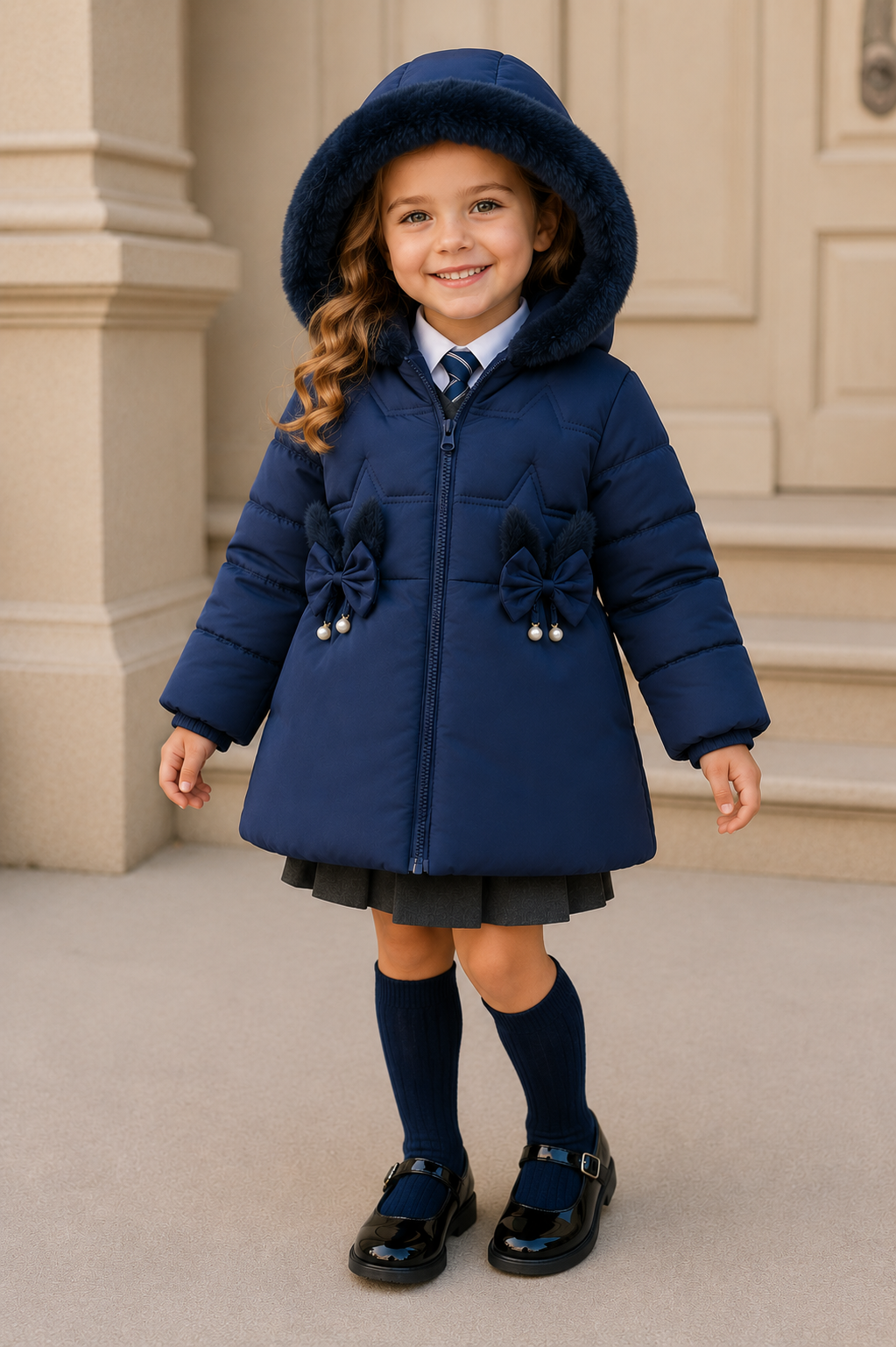 Girls Faux Fur Hooded Navy Blue Winter Puffer Coat | Warm Padded Jacket | Ages 2–6 *Online Product