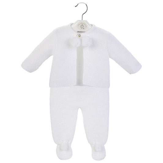 White knit two-piece set with pom-pom button accents, cardigan top and footed pants