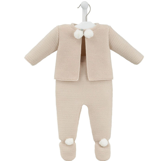 Kids beige knit pom-pom jacket and pants two-piece set with pom cuffs