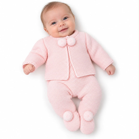 Kids pink two-piece pom jacket and pants set, fuzzy pom accents