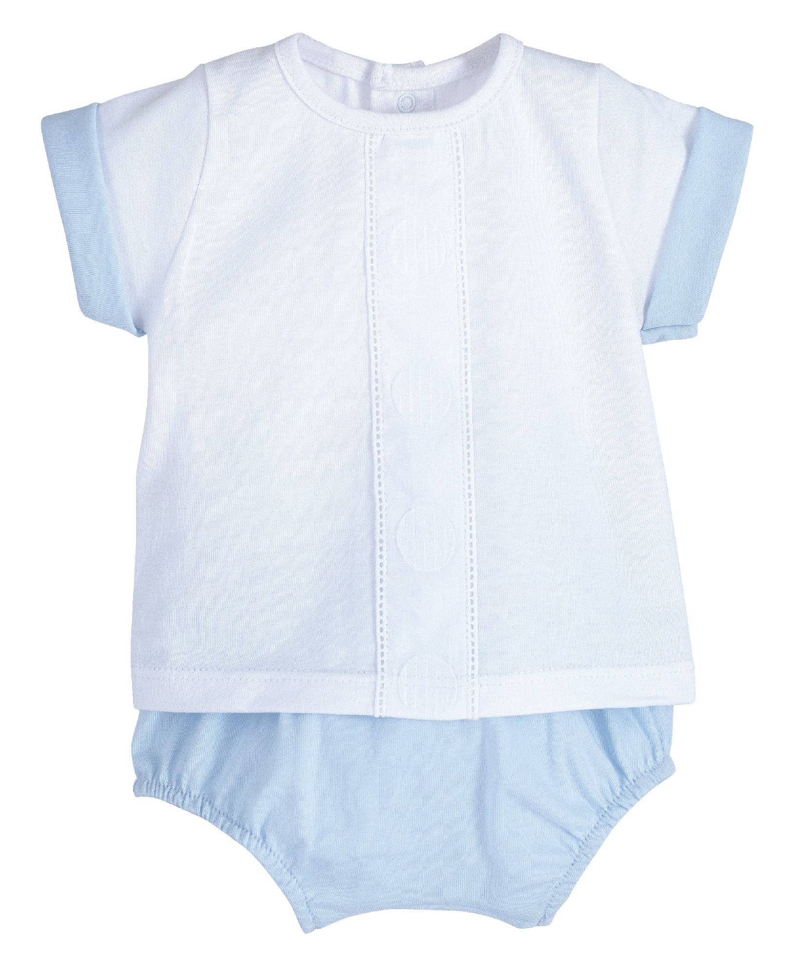 Light blue baby boy pololo set: short-sleeve shirt with button placket and bloomer