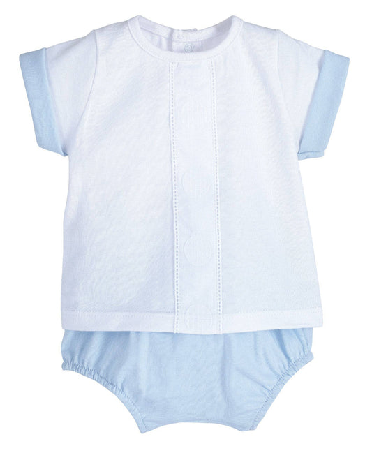 Light blue baby boy pololo set: short-sleeve shirt with button placket and bloomer