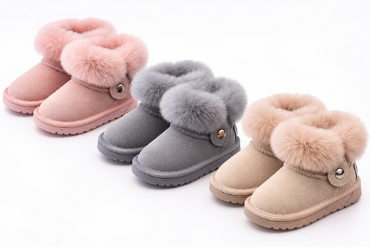 Girls faux-fur winter ankle boots, pink, grey, and tan with button straps