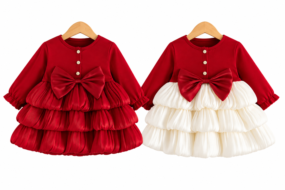 Girls bow ruffle dress with long sleeves; red top and cream layered skirt tiers