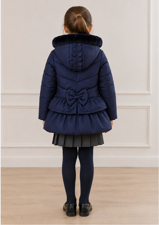Navy faux fur hooded puffer school coat from back, peplum ruffle and tie waist