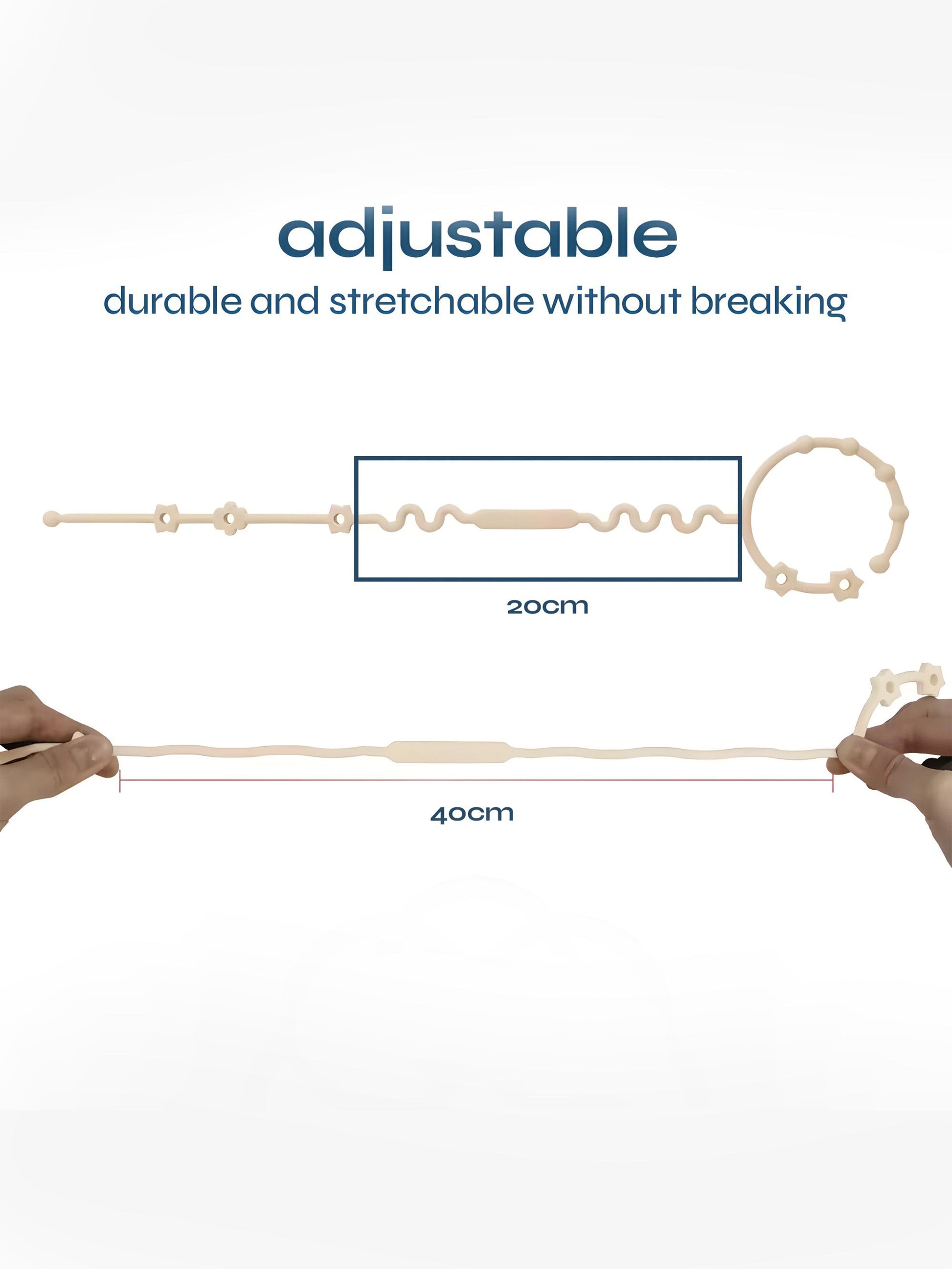Adjustable pacifier clip stretches to 40cm; end loop and 20cm section shown.