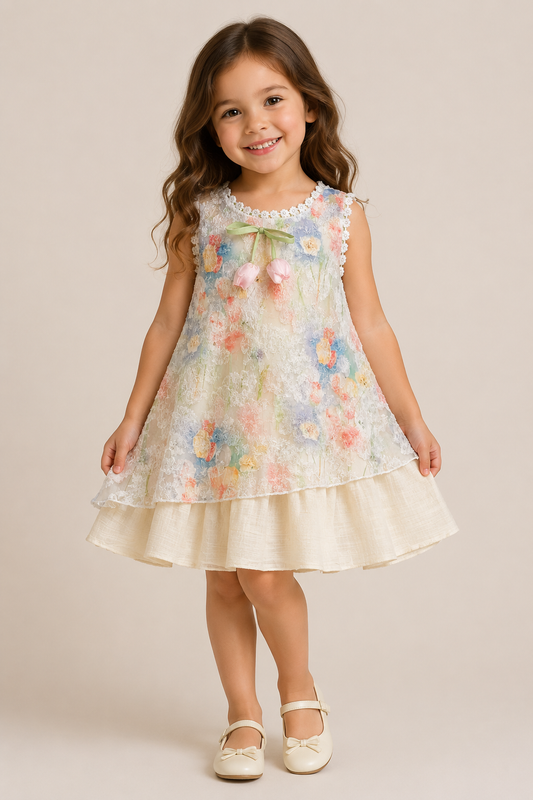 Kids cream vintage floral lace layered dress, sleeveless, ribbon bow, tiered skirt