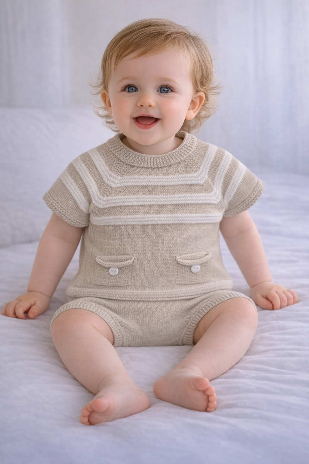 Boys Julius shorts suit: natural beige knit with white striped yoke and buttons