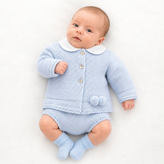 Kids three-piece pom jacket set in light blue knit: button jacket, pants
