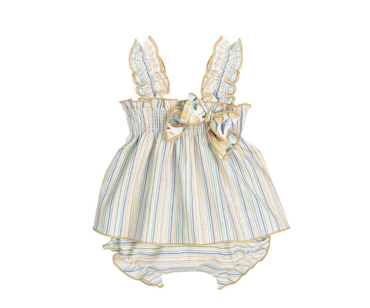 Baby girls dress set: pastel striped sleeveless dress with bow and matching bloomers