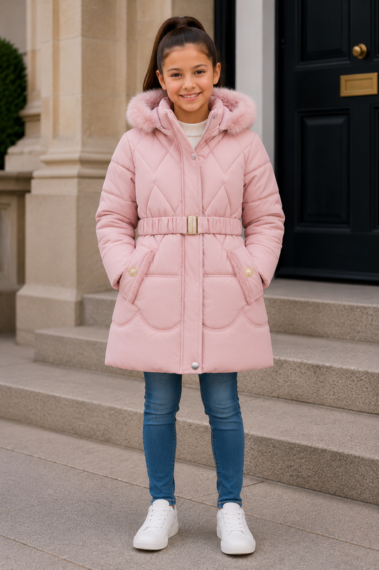 Girls pink faux fur hooded belted winter puffer coat with front zipper pockets