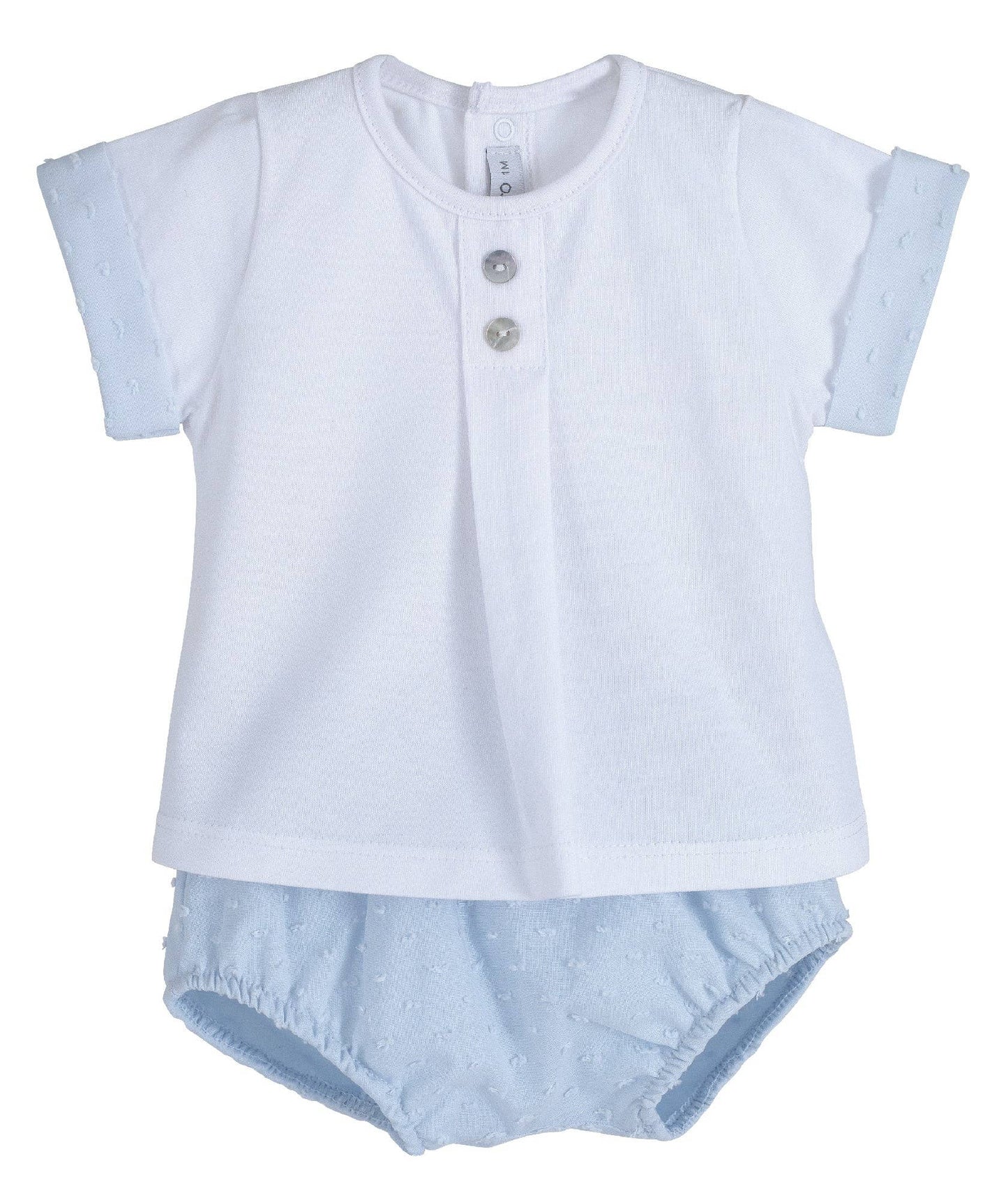 Conjunto peto bebé: camiseta blanca con 2 botones y braguita celeste