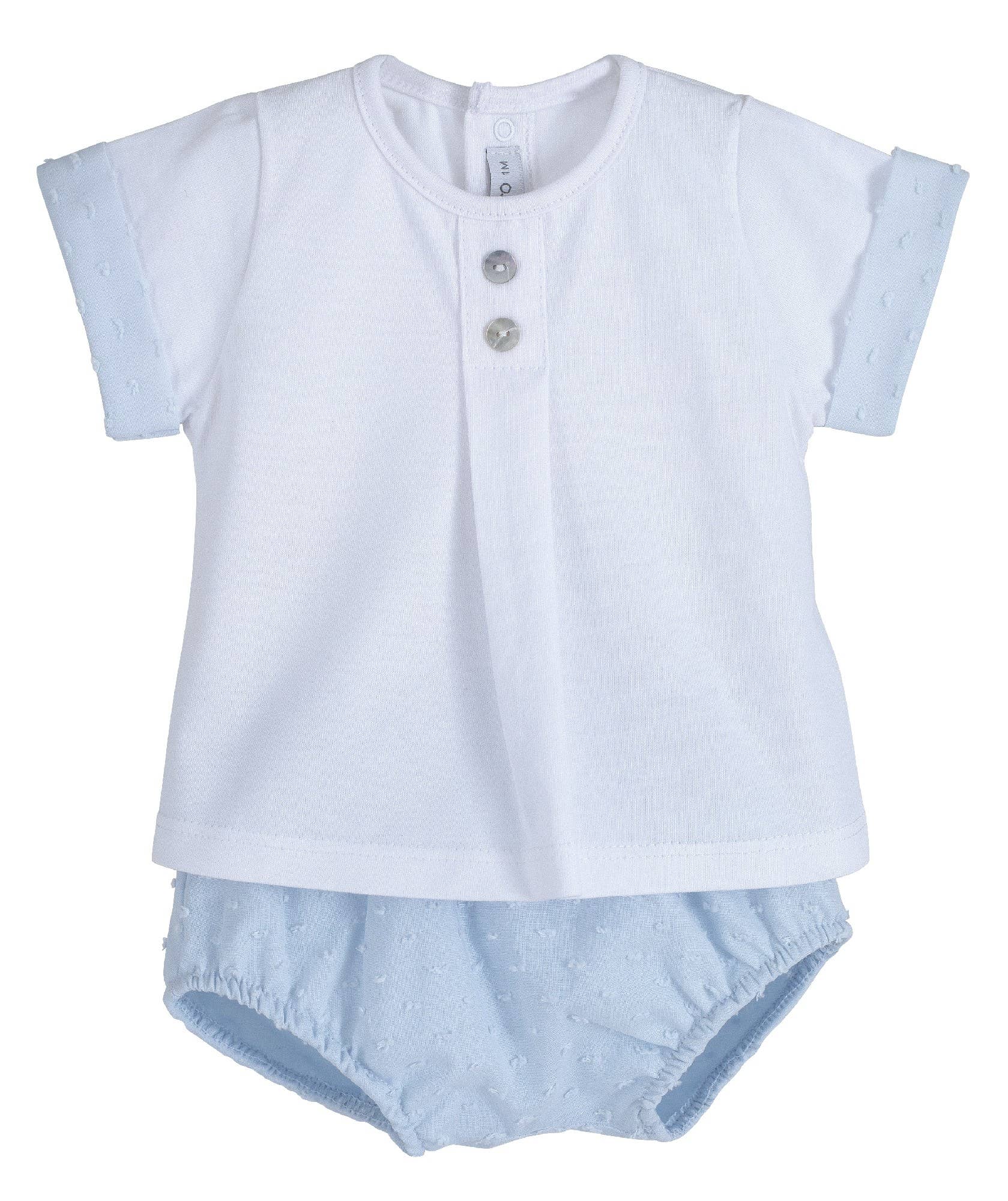 Conjunto peto bebé: camiseta blanca con 2 botones y braguita celeste