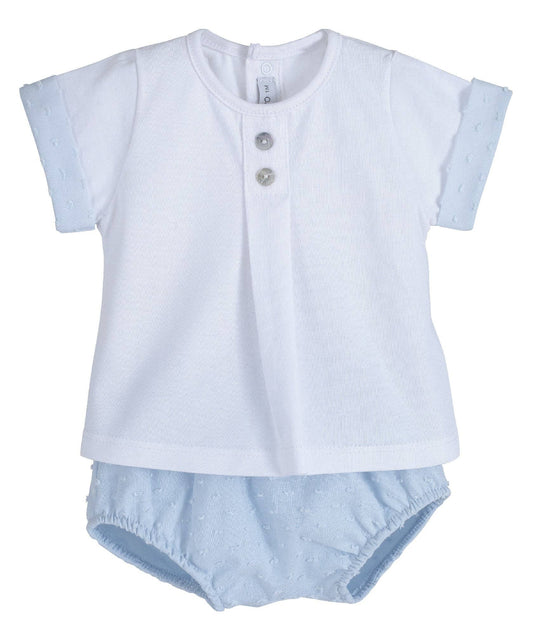 Conjunto peto bebé: camiseta blanca con 2 botones y braguita celeste