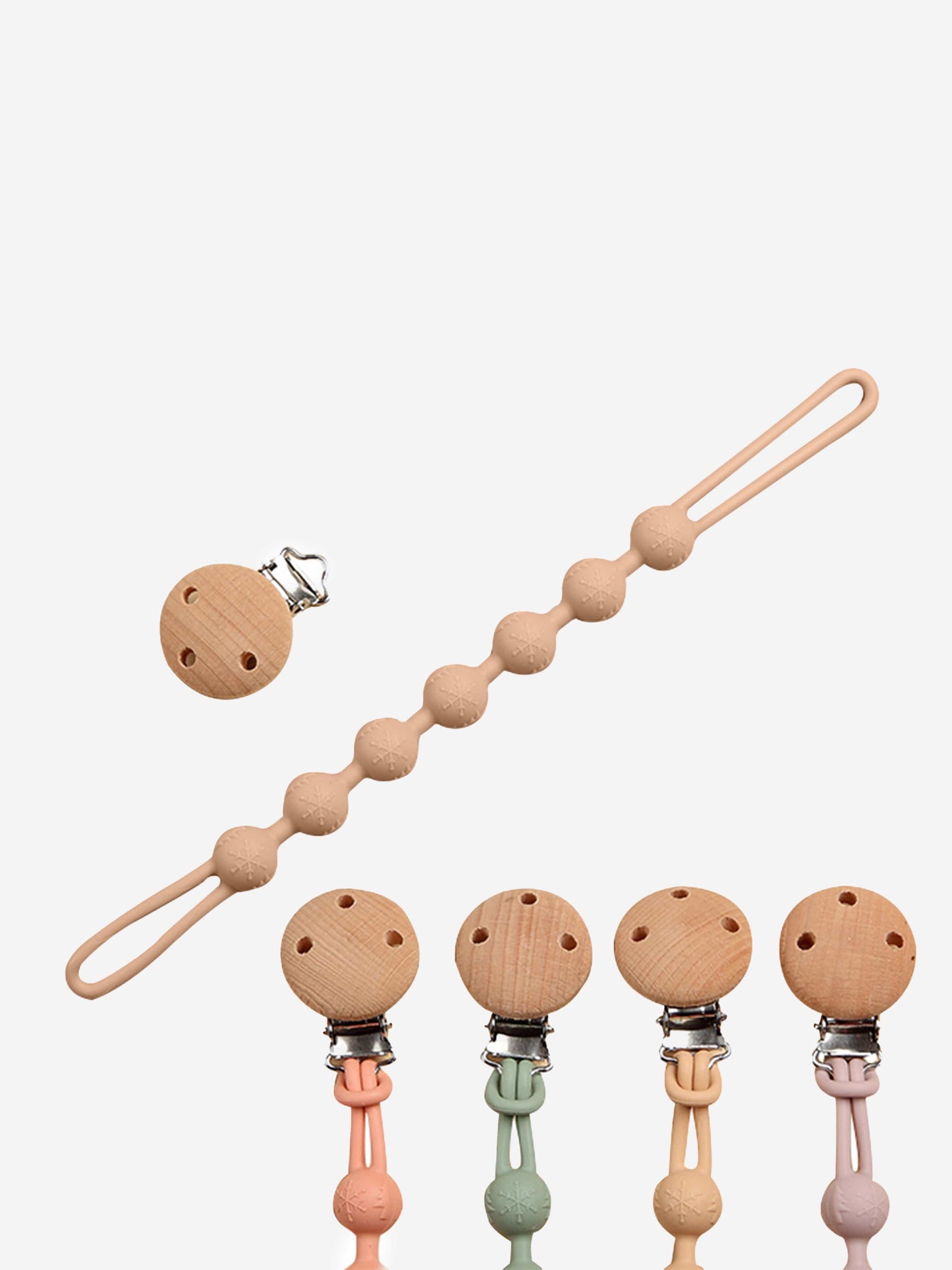 Pink pacifier clip and teether with silicone bead strap and round wooden ends
