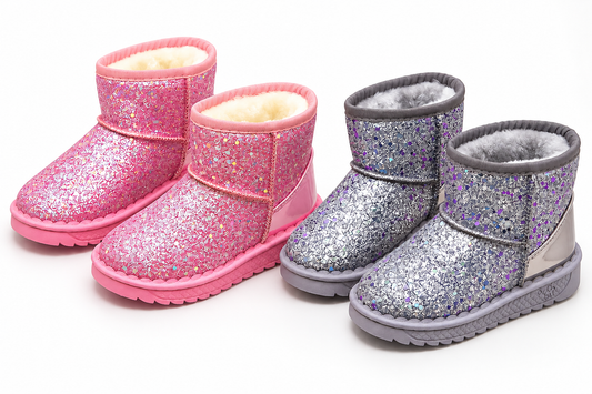Girls glitter fur-lined winter ankle boots, pink and silver sparkly uppers.
