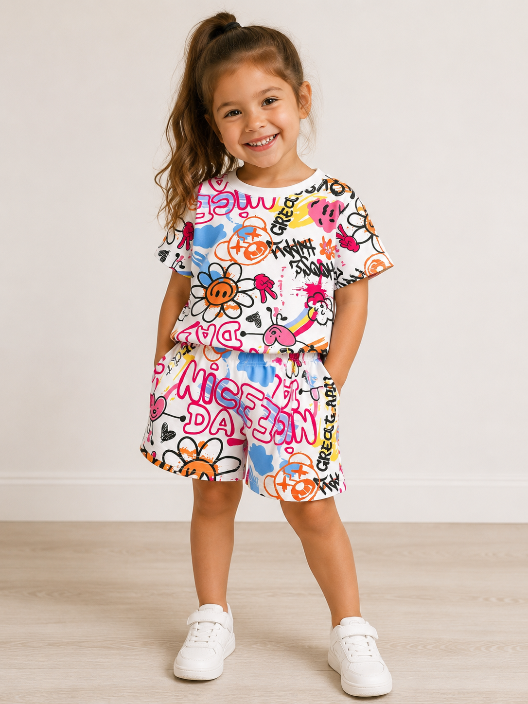 Kids graffiti smile lounge set, white graphic T-shirt and matching shorts