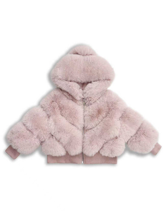 Pink faux fur hooded bomber jacket, front view with zip and ribbed hem