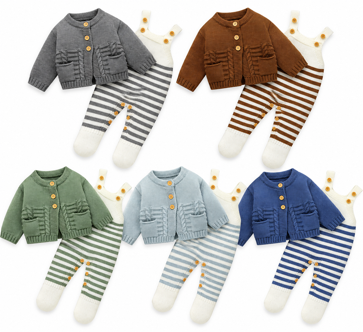Baby Boys Knitted Dungaree & Cardigan Two Piece Set – Striped Footed Outfit - Online Product