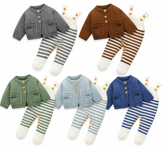 Baby Boys Knitted Dungaree & Cardigan Two Piece Set – Striped Footed Outfit - Online Product