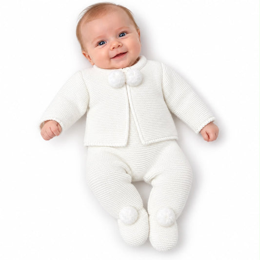 Kids two-piece pom jacket and pants set, white knit with pom pom details