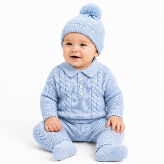 Kids knit pom hat, light blue, with matching sweater and pants set