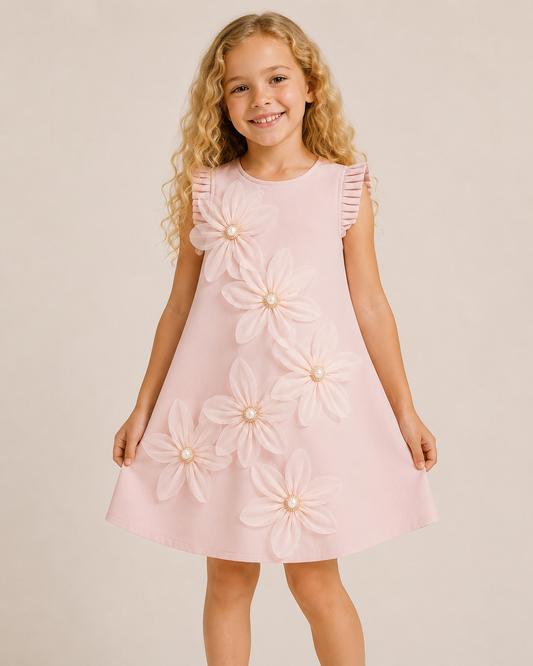 Soft pink girls sleeveless occasion dress with oversized floral appliqué details and ruffle shoulders, shown on a smiling blonde girl with curly hair against a neutral studio background.