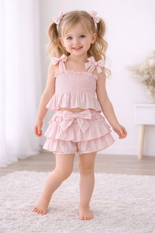 Girl wearing baby pink bow two-piece outfit with smocked top and ruffle shorts for girls