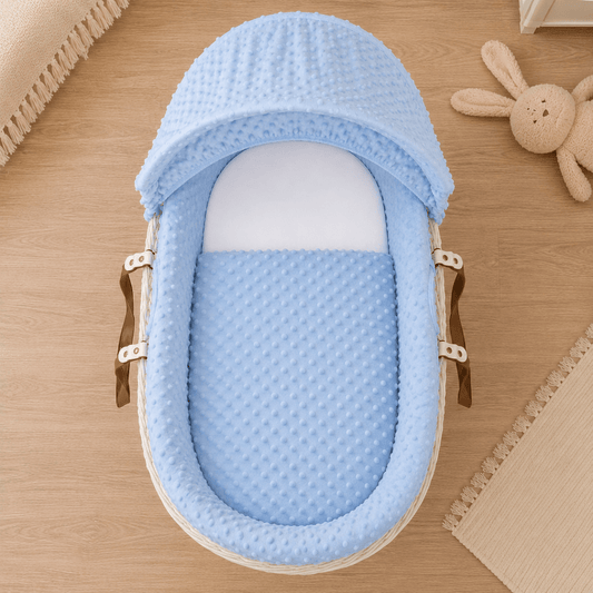 Light blue dimple moses basket bedding set with hood and padded liner