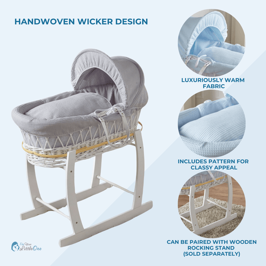 Wicker Moses basket with padded hood and grey waffle bedding on rocking stand