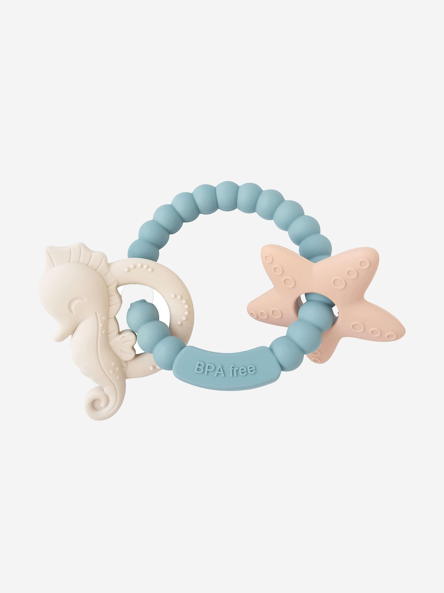 Blue BPA-free seahorse and starfish teether ring with textured beads