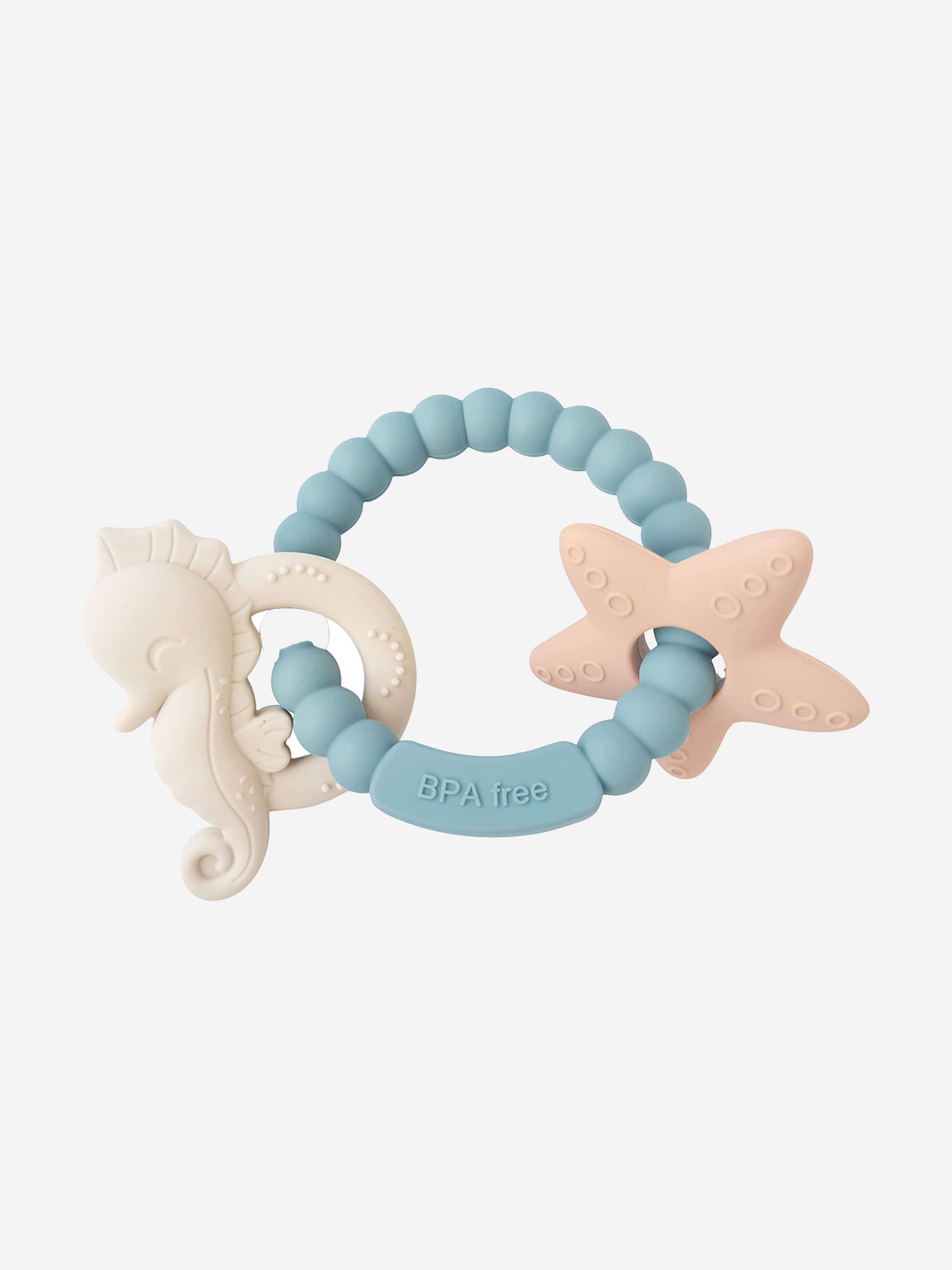 Blue BPA-free seahorse and starfish teether ring with textured beads