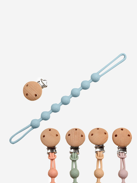 Baby pacifier clip with blue silicone beads and wooden teether disc, one size