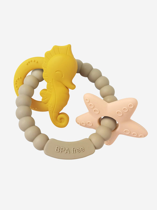 Brown seahorse and starfish baby teether with BPA-free label