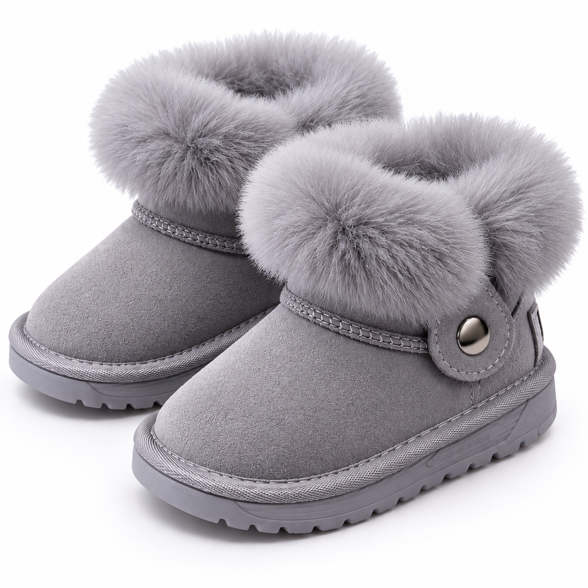 Girls grey faux-fur ankle boots with bow-style cuffs and snap button strap